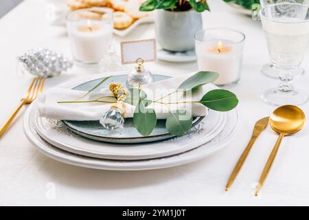 Traditional festive place setting for Christmas, decorated with eucalyptus branch Stock Photo