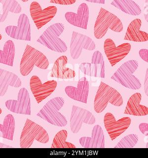 Abstract scribbled red and pink hearts seamless pattern. For wrapping paper, valentine’s day fabric and textile Stock Vector