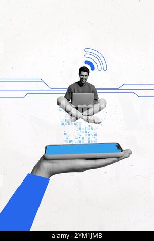Composite trend artwork sketch image photo collage of cyberspace Internet hacker young man sit work laptop wifi hand hold phone display Stock Photo