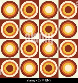 Retro Geometric Groovy circles seamless pattern in orange, beige, mustard yellow on white and brown checkered squares. For wallpaper, wrapping paper, Stock Vector