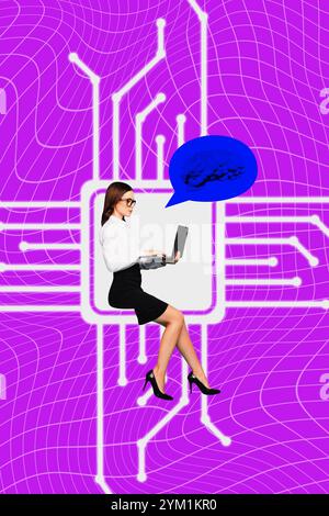 Trend artwork creative sketch 3D photo collage of cyberspace young lady formalwear sit microchip maintenance engineering fix work laptop Stock Photo