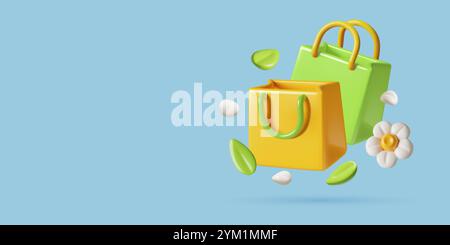 Shopping bags 3d vector icon with green leaves and white petals. Spring sale and promotion background with copy space. Stock Vector
