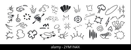 Line movement elements, japanese manga emotion effects doodle icons set. Hand drawn anime comic expression symbols or scribbles. Explosions, swirl, emphasis, wind, sparkles and decorative action lines Stock Vector