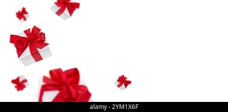 Flying Christmas white gift boxes with red bows from satin ribbon isolated with clipping path. Element for design. Banner with copy space for text. Stock Photo
