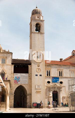 The Dubrovnik Clock Tower (Croatian: Gradski zvonik) Bell tower in Dubrovnik, Croatia. Located on Luža Square at the end of the Stradun. Summer day. Blue sky. (138) Stock Photo