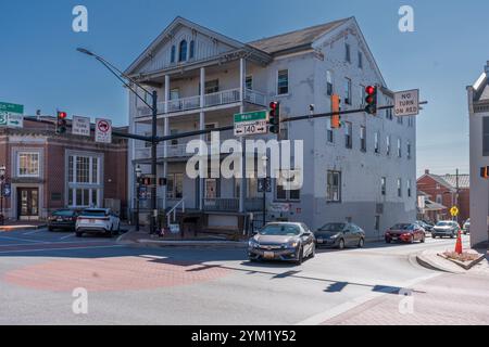 Emmitsburg, MD, USA – October 19, 2024: Buildings on the Main Street in the center a small American town. Stock Photo