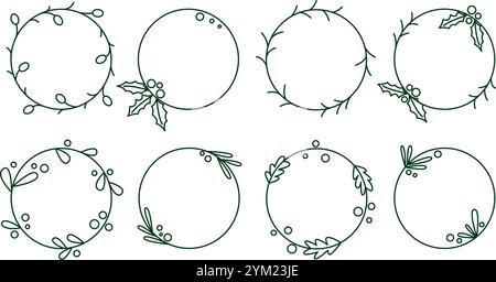 Round frames with holly leaves, fir branches and berries doodle sketch style set. Festive winter wreath collection. Botanical simple circle border Stock Vector