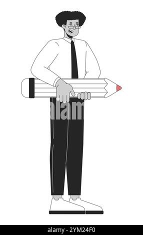 Latin american man office worker with pencil black and white 2D line character Stock Vector
