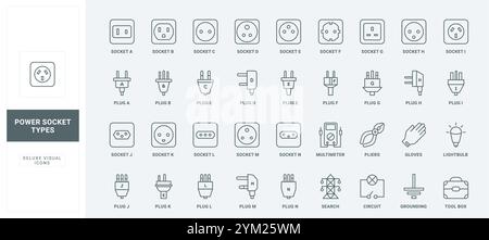 Various outputs and inputs with names, circuit thin black outline symbols vector illustration. Different types of electric sockets and plugs, electrician toolbox and equipment line icon set. Stock Vector