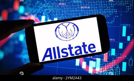 Konskie, Poland - November 19, 2024: Allstate company logo displayed on mobile phone Stock Photo