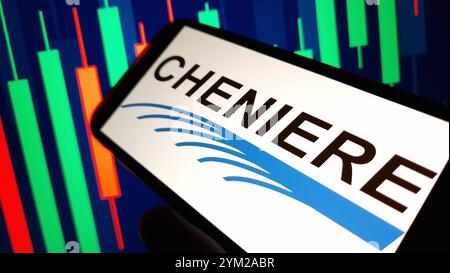 Konskie, Poland - November 19, 2024: Cheniere Energy company logo displayed on mobile phone Stock Photo