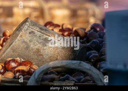 detail of a street stall selling roasted chestnuts Stock Photo