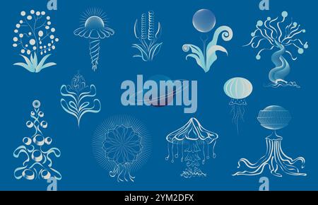 Alien plants. A linear, minimalist vector illustration, a set of extraterrestrial flowers and trees. To create a fantastic garden Stock Vector