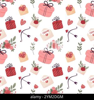 Valentine's Day, seamless pattern with flowers, hearts, letters. For wrapping paper, background. Stock Vector