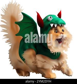 Red cute cat in dragon costume, on white background, realistic style, 3d vector illustration Stock Vector