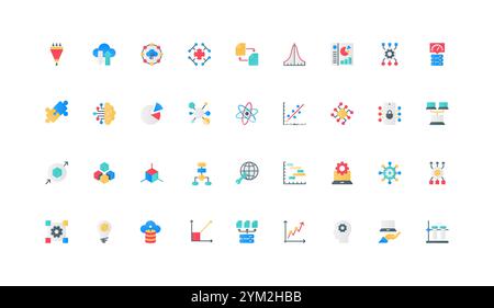 Analytics, statistics, big data analysis, infographic diagram and chart report color icon set. AI and benchmark process, digital platform and cloud computing flat elements vector illustration Stock Vector