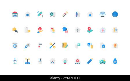Smart home management, house with IoT color icon set. Digital system control and sensors, remote access and connect with phone to building door and garage with car flat elements vector illustration Stock Vector