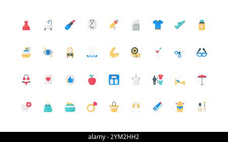 Healthy lifestyle and holidays celebration, beauty and sports for health care color icon set. Fitness in gym, weight control with diet planning, shopping and hygiene flat elements vector illustration Stock Vector