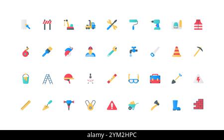 Construction worker and engineer tools, equipment for health safety color icon set. Man in hard hat, building project, toolbox of professional contractor and builder flat elements vector illustration Stock Vector