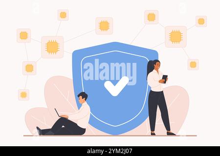 Decentralized application development, multiple users, open source network. Tiny people work with phone and computer, security shield with tick on blockchain integration cartoon vector illustration Stock Vector