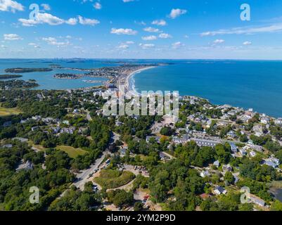 Atlantic district aerial view along the coast near Nantasket Beach in historic town center of Hull, Massachusetts MA, USA. Stock Photo