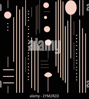 Abstract Black and White Line Art on Black Background Vector. Repetitive Design in Light Pink and Dark Beige Stock Vector