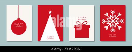 Set Christmas card in modern minimalist geometric style, red and white backgrounds, elements for calendar and greetings cards or Happy New Year themed Stock Vector