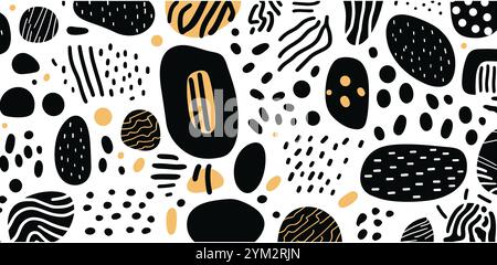 Abstract modern art seamless pattern with black and white doodles. Organic flat cartoon background, simple summer shapes in childish style Stock Vector