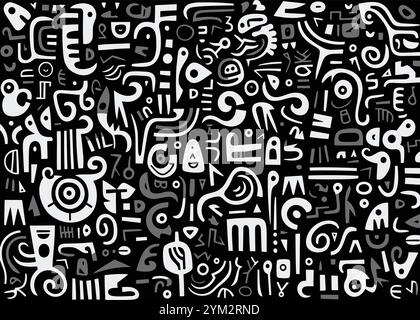 Abstract Pattern in Black and White. Afro-Colombian Inspired Design with Freeform Minimalist Shapes and Symbols. Unique Cultural Art for Modern Decor Stock Vector