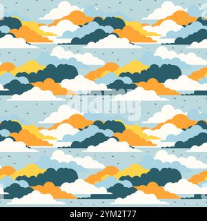Birds among clouds seamless pattern. Starling among clouds. Swallow flock flies in the sky Stock Vector