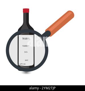 Magnifying glass on a wine bottle label Stock Vector