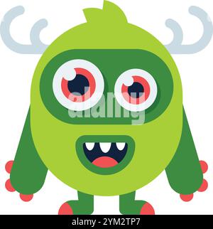 Cartoon green monster character smiling and showing teeth with large red eyes and antlers, suitable for children s illustrations or fantasy projects. Stock Vector