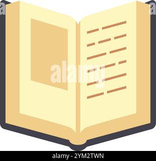 Open book displays an image placeholder and lines of text on cream colored pages, inviting readers to explore its content Stock Vector
