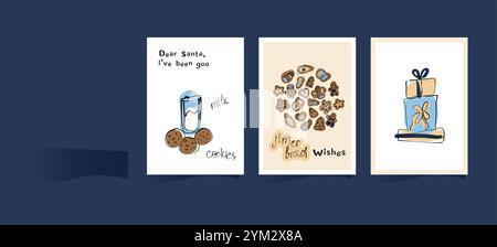 A set of postcards with Christmas cookies, milk and gifts in delicate blue and beige tones. Stock Vector
