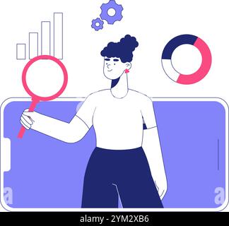 Female Analyst With Magnifying Glass In Flat Vector Illustration Symbolizing Data Analysis, Business Insights, And Digital Statistics, Isolated On Stock Vector