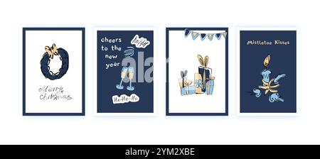A collection of postcards with a Christmas wreath, candles and glasses of champagne. Stock Vector