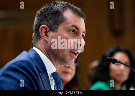 Washington, United States. 20th Nov, 2024. Transportation Secretary Pete Buttigieg speaks during a Senate Appropriations Committee hearing on disaster funding needs at the U.S. Capitol in Washington, DC on Wednesday, November 20, 2024. Photo by Bonnie Cash/UPI Credit: UPI/Alamy Live News Stock Photo