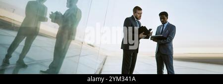 Two businessmen in formal attire engaging in conversation and reviewing documents outdoors near a modern glass building reflecting their images closely Stock Photo