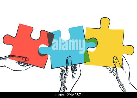 Hands holding colorful pieces of puzzle. Vector hand drawn sketch design with copy space. Business team solving problem, joining connecting jigsaw. Te Stock Vector