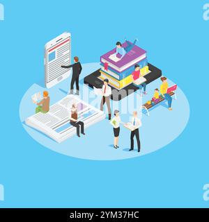 People are reading various media including printed books, newspapers, electronic books and smartphones, enjoying their reading time in different Stock Vector