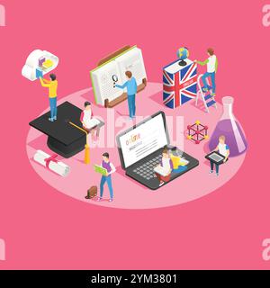 Isometric vector illustration shows students engaging with online education platform, featuring laptop, books, graduation cap, scientific elements Stock Vector