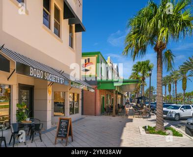 Shops and restaurants on South Beach Street near Riverfront Park, Daytona Beach, Florida, USA Stock Photo