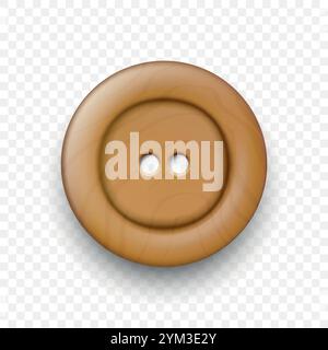 Vector Brown Color Wooden Two Holes Clothes Button Closeup, Isolated on White Background with Reflection. Round Button, Front View Stock Vector