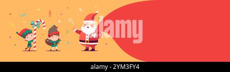 Merry Christmas banner with Santa Claus and dancing elves. Cute cartoon character wear green costumes. Horizontal background. Vector greeting card ill Stock Vector