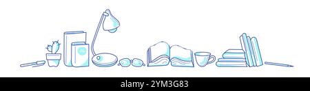 Library and books. Art line doodle sketch. Desk border with laptop, papers. Graphic collection isolated on white background Stock Vector