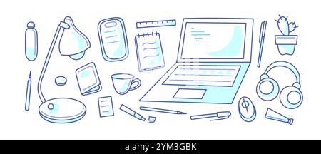 Office set. Vector workplace. Art doodle sketch. Graphic study symbols. Laptop, digital devices, papers isolated on white background Stock Vector