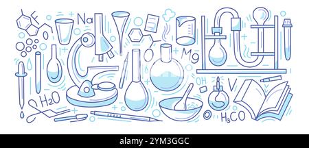 Chemistry symbols set. Vector doodle line elements isolated on white backround. Education and study signs for web banners, printed materials Stock Vector