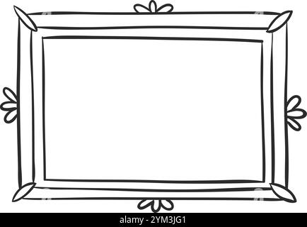 Simple, hand drawn rectangular frame features rounded corners, double lines, and stylized floral decorations at each corner and midpoint, creating a Stock Vector