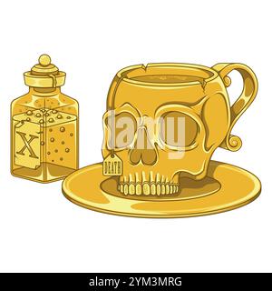 Human Skull Shaped Porcelain Tea Cup, Skull Shaped Coffee Mug Magic Potion Cup, Halloween Demonic Cup Stock Vector
