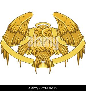 Angel with six wings and ribbon, angelic face of the Catholic religion, archangel and surrounded by heavenly scroll Stock Vector